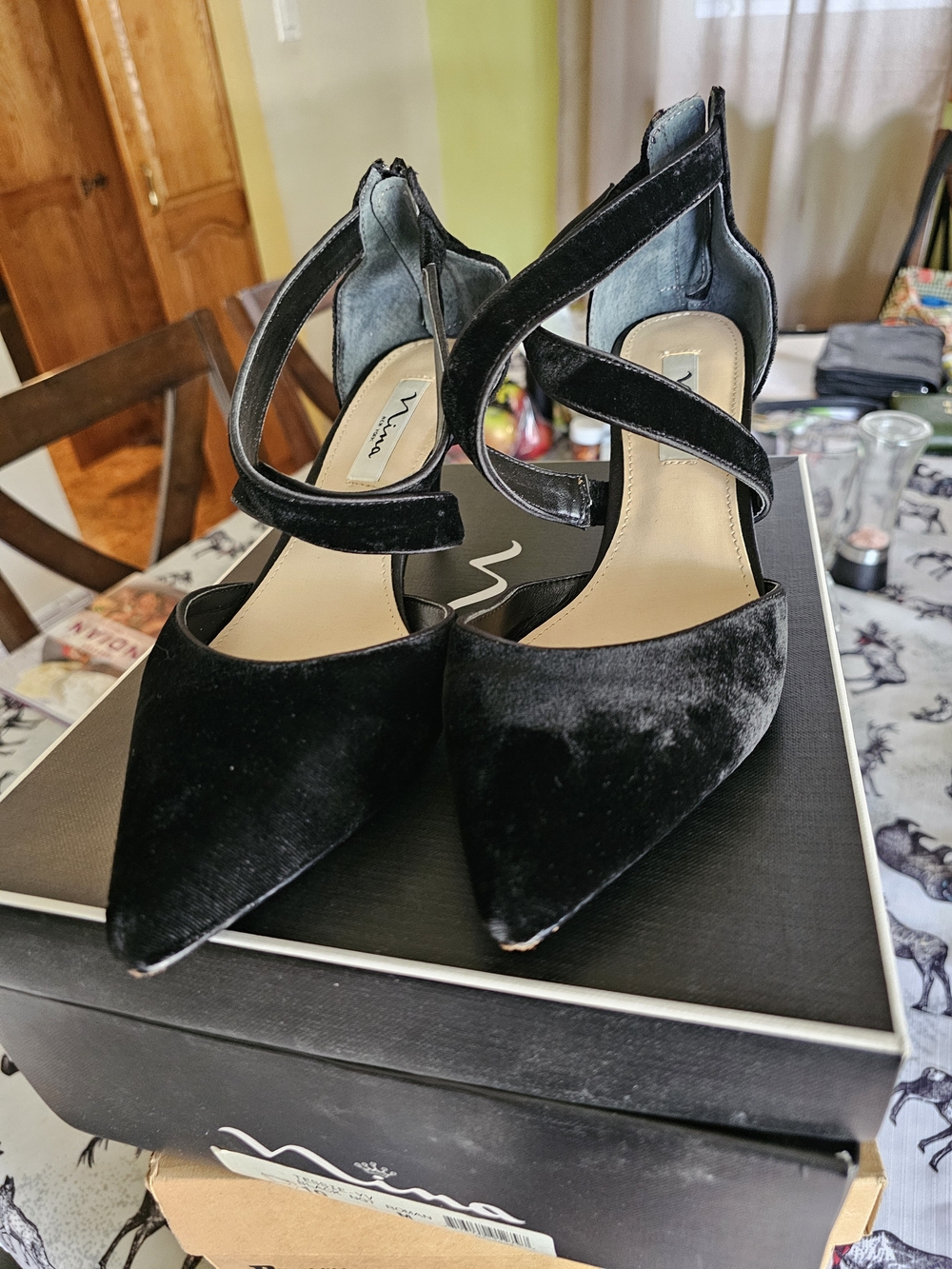 Nina Black Velvet Pointed-Toe Crisscross Ankle Pumps